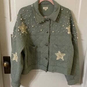 POL Seafoam Quilted Bomber Jacket with Star Details and Pearls